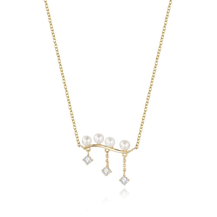 Curved Bar Pearl Round Diamond Necklace in 14K Yellow Gold