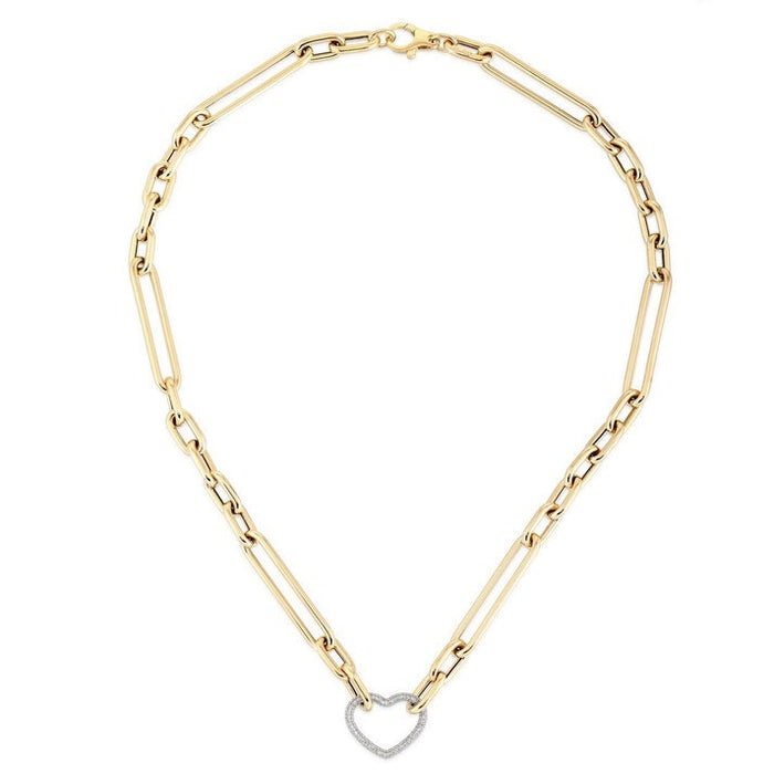 Paperclip Diamond Heart Pendant Chain Necklace in 14K Yellow Gold