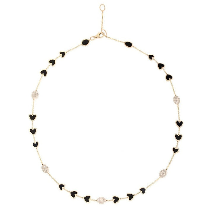 Diamond Black Enamel Station Necklace in 14K Yellow Gold
