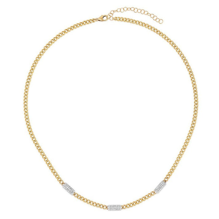 Cuban Link Chain Pave Bars Diamond Necklace in 14K Yellow Gold
