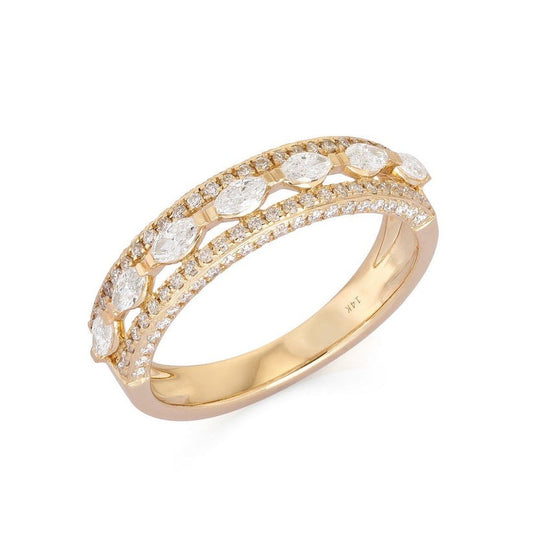 Marquise Round Diamond Double Row Band Ring in 14K Yellow Gold