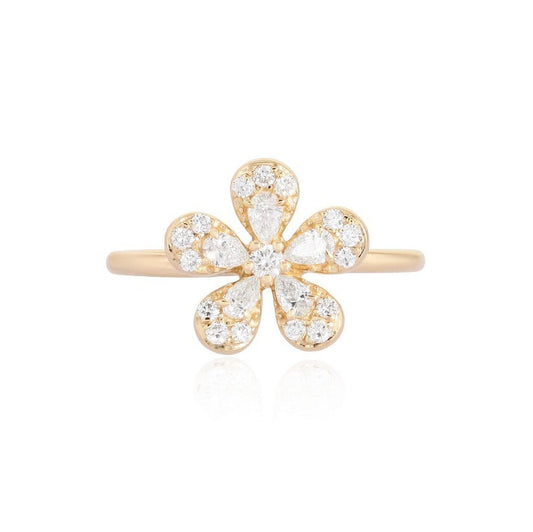 Diamond Pear Round Cut Flower Ring in 14K Yellow Gold