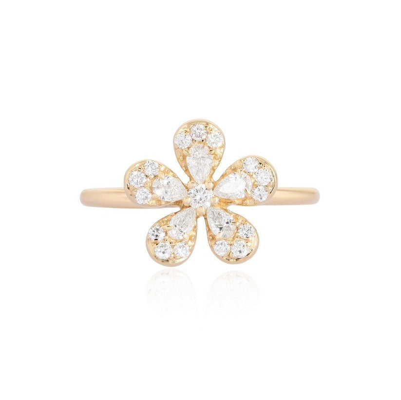 Diamond Pear Round Cut Flower Ring in 14K Yellow Gold