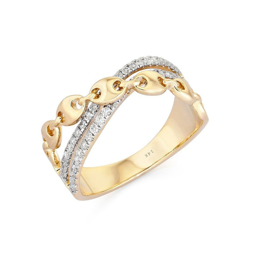 Cuban Link Chain Pave Diamond Ring in 14K Yellow Gold