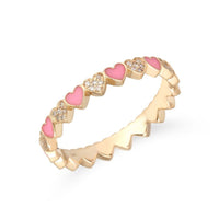 Heart Band Pink Enamel Diamond Ring in 14K Yellow Gold