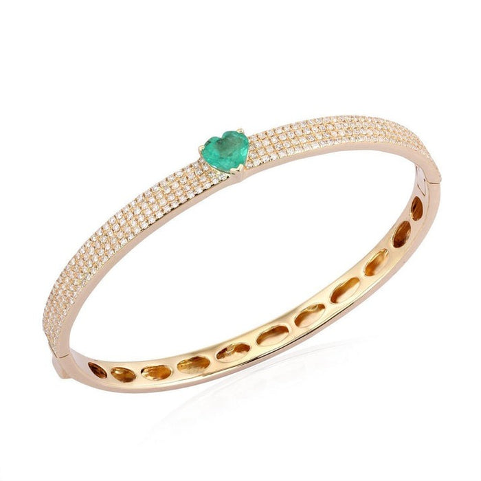 Green Heart Emerald Bangle Bracelet in 14K Yellow Gold