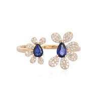Dual Floral Teardrop Sapphire Statement Ring in 14K Yellow Gold