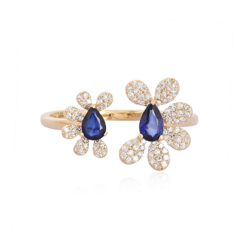 Dual Floral Teardrop Sapphire Statement Ring in 14K Yellow Gold