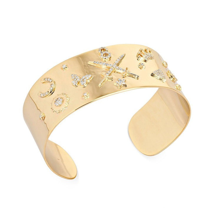 Polished Travel Charms Diamond Cuff Bracelet in 14K Yellow Gold