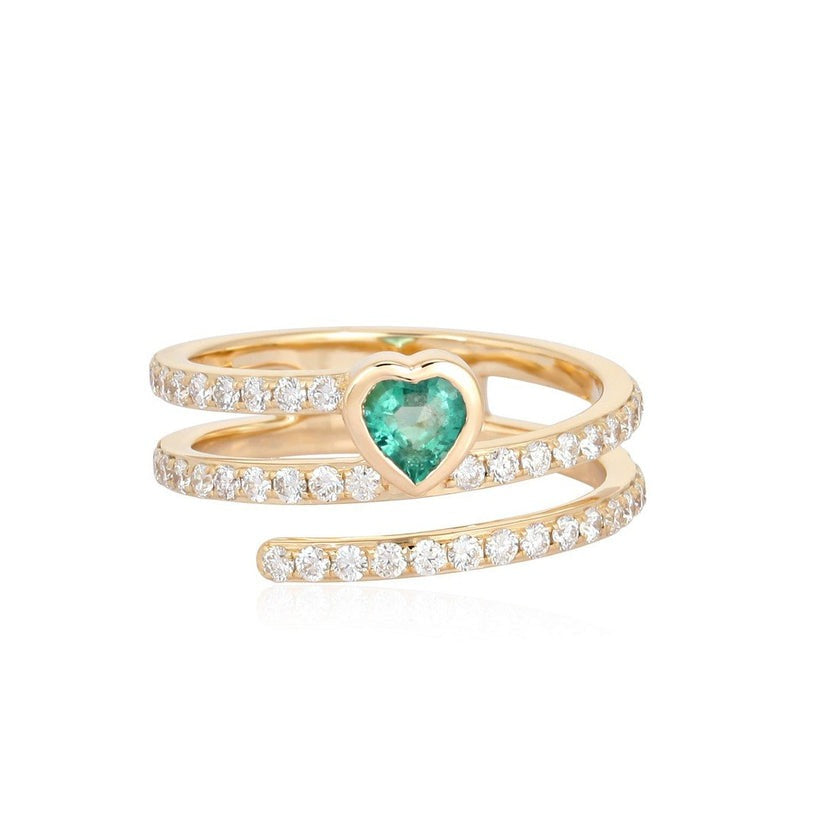 Heart Emerald Triple Band Diamond Spiral Ring in 14K Yellow Gold