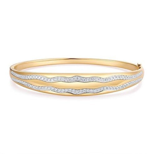 106 Dual Diamond Wave Design 14K (or 18k upon request) Yellow Gold Bangle Bracelet