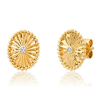 Radiant Beaded Oval Diamond Stud Earrings in 14K Yellow Gold