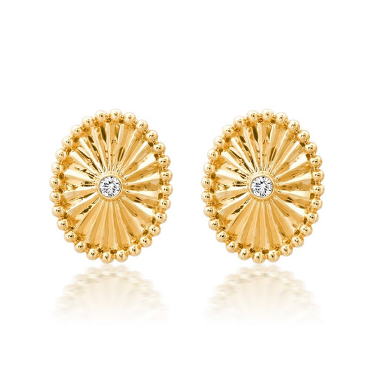 Radiant Beaded Oval Diamond Stud Earrings in 14K Yellow Gold