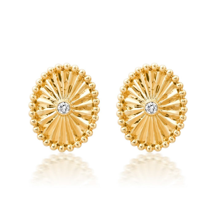 Radiant Beaded Oval Diamond Stud Earrings in 14K Yellow Gold