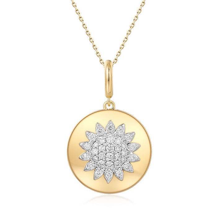 Sunflower Medallion Pendant Diamond Necklace in 14K Yellow Gold