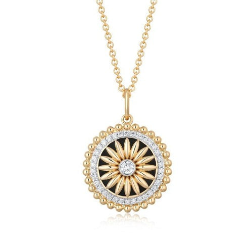 Diamond Black Enamel Sunburst Pendant Necklace in 14K Yellow Gold