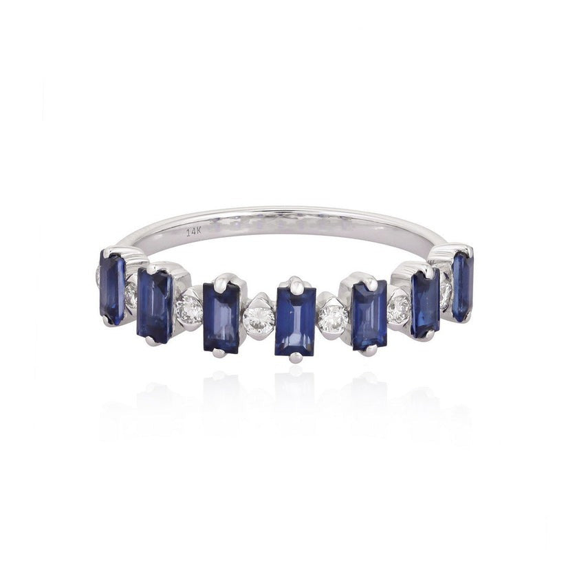 Baguette Blue Sapphire Diamond Band Ring in 14K White Gold