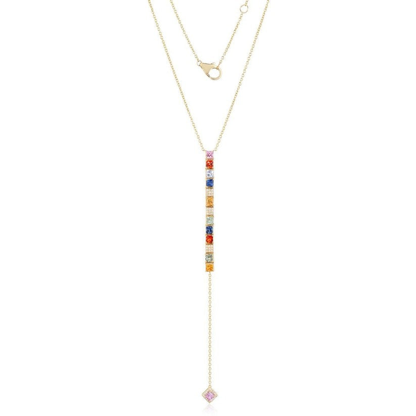 Multi Color Diamond Sapphire Lariat Necklace in 14K Yellow Gold