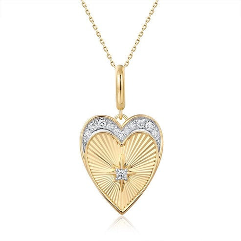 Diamond Starburst Heart Pendant Necklace in 14K Yellow Gold