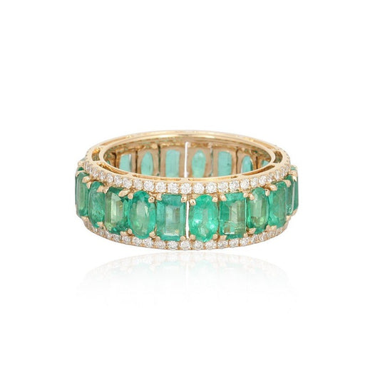 Emerald Round Baguette Eternity Band Ring in 14K Yellow Gold