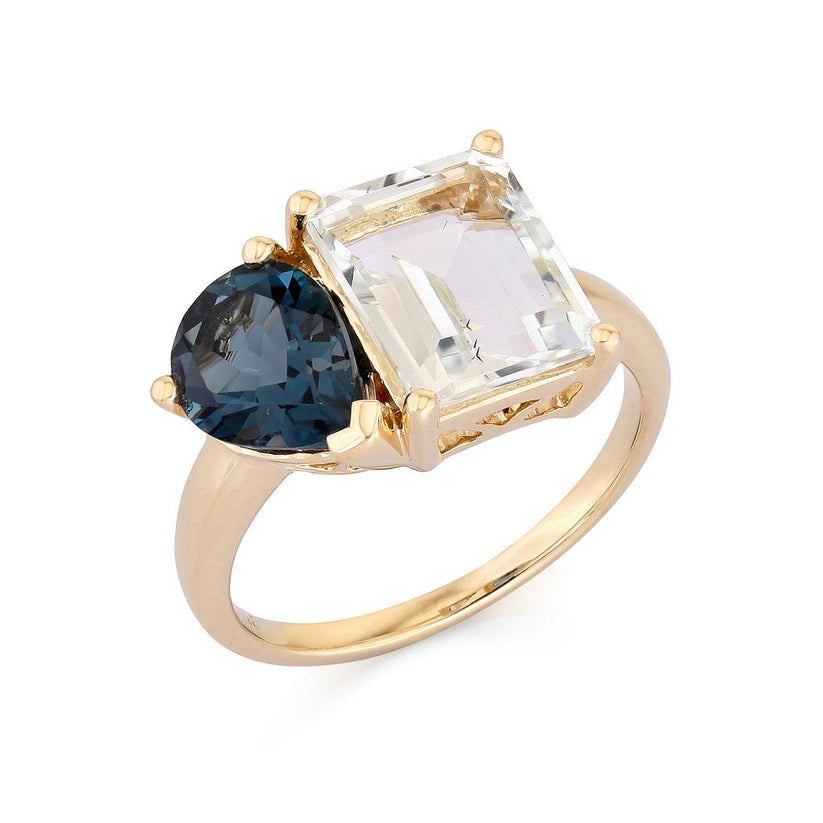 Duo White Topaz Blue Sapphire Ring in 14K Yellow Gold