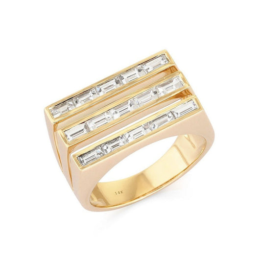 Triple Row Baguette Diamond Ring in 14K Yellow Gold