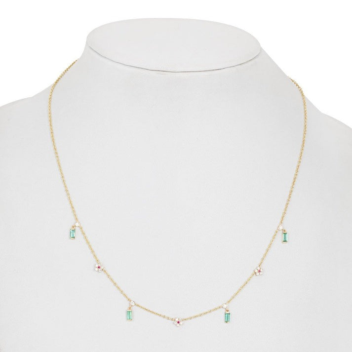 Baguette Emerald Round Ruby Charms Necklace in 14K Yellow Gold