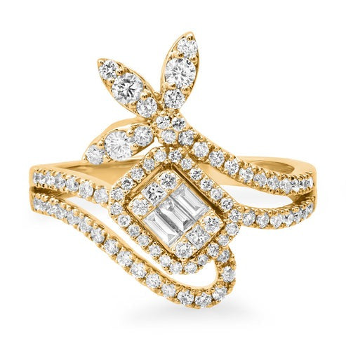 Diamond Petal Vine Baguette Center Ring in 14K Gold