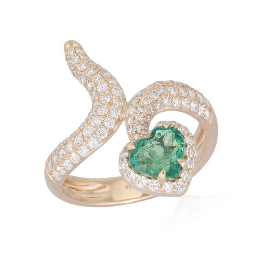 Heart Shaped Emerald Diamond Bypass Ring in 14K Yellow Gold