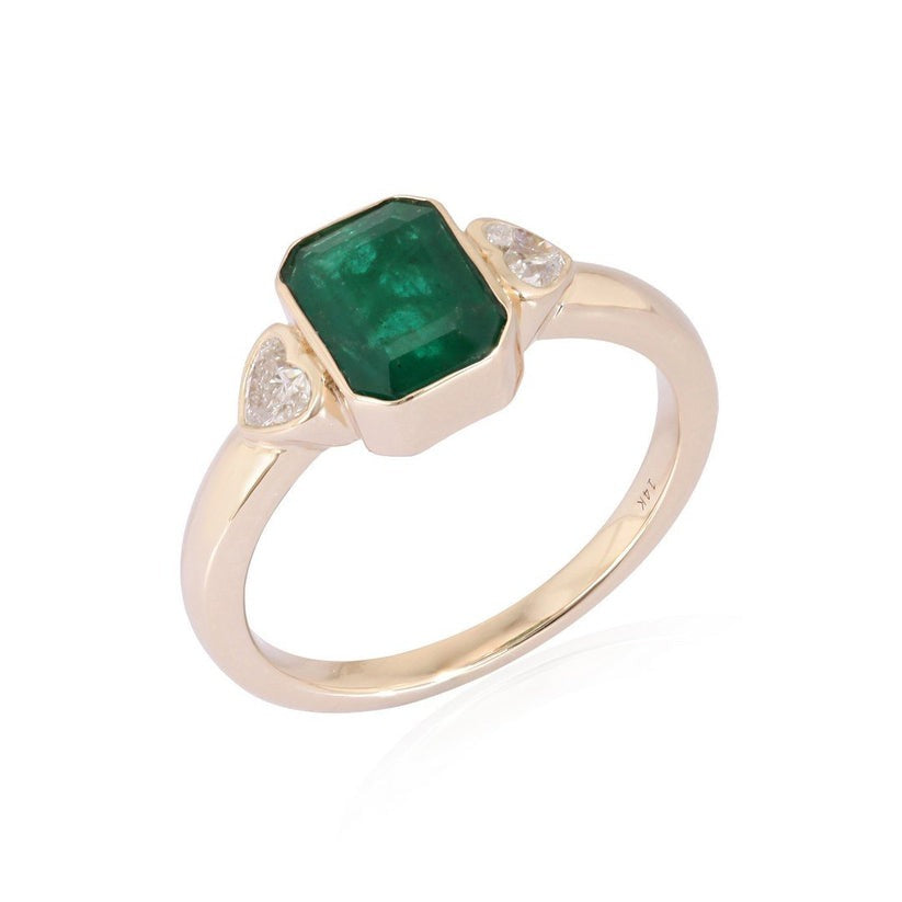 Heart Diamond Emerald Solitaire Ring in 14K Yellow Gold