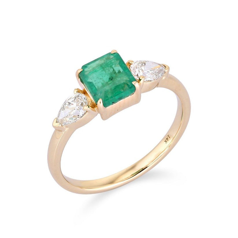 Pear Cut Emerald Yellow Gold Diamond Trio Ring in 14K Gold