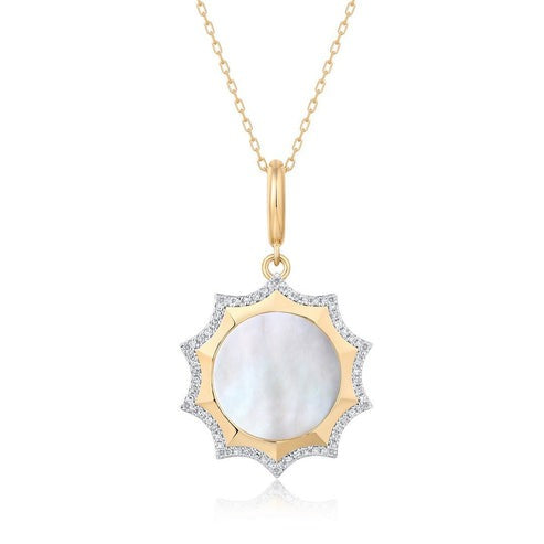 Mother Pearl Diamond Sunburst Pendant Necklace in 14K Yellow Gold