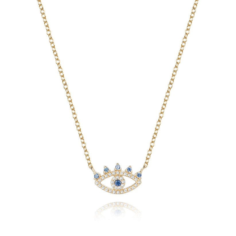 Evil Eye Pave Blue Sapphire Necklace in 14K Yellow Gold