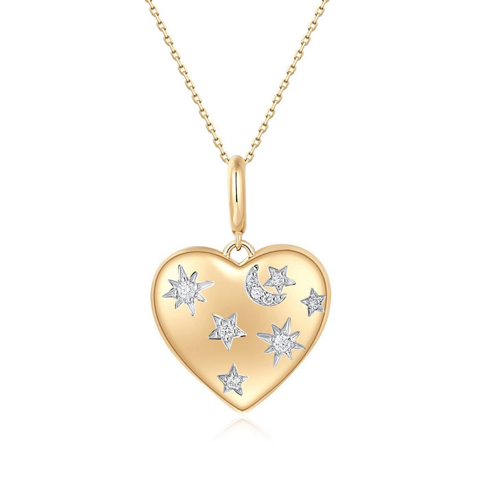 Star Moon Heart Shape Pendant Necklace in 14K Yellow Gold
