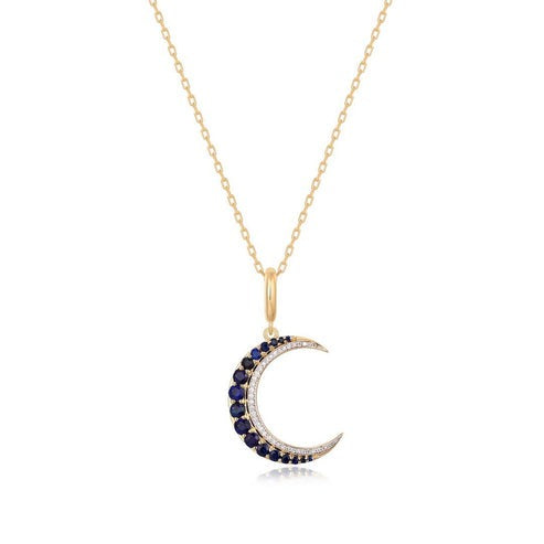 Blue Sapphire Moon Diamond Pendant Necklace in 14K Yellow Gold