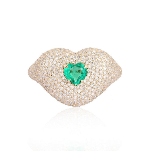 Lips Heart Emerald Diamond Statement Ring in 14K Yellow Gold
