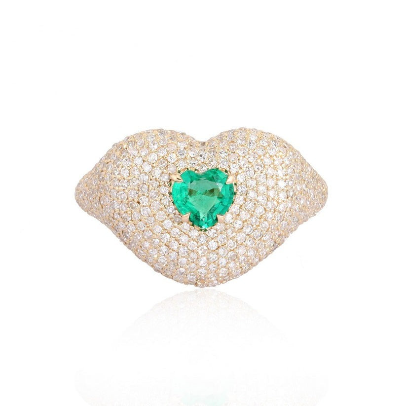 Lips Heart Emerald Diamond Statement Ring in 14K Yellow Gold