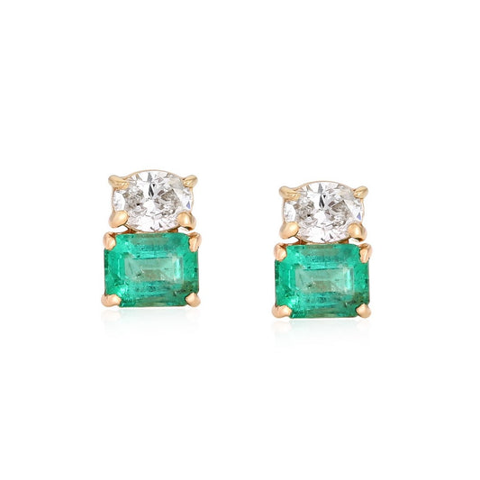 Nostalgic Emerald Diamond Stud Earrings in 14K Yellow Gold