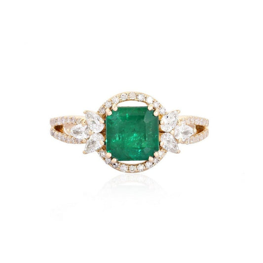 Emerald Halo Diamond Statement Ring in 14K Yellow Gold