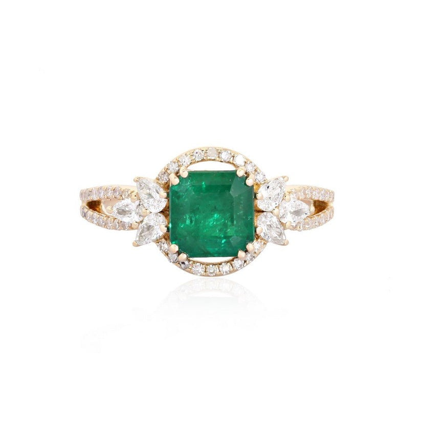 Emerald Halo Diamond Statement Ring in 14K Yellow Gold