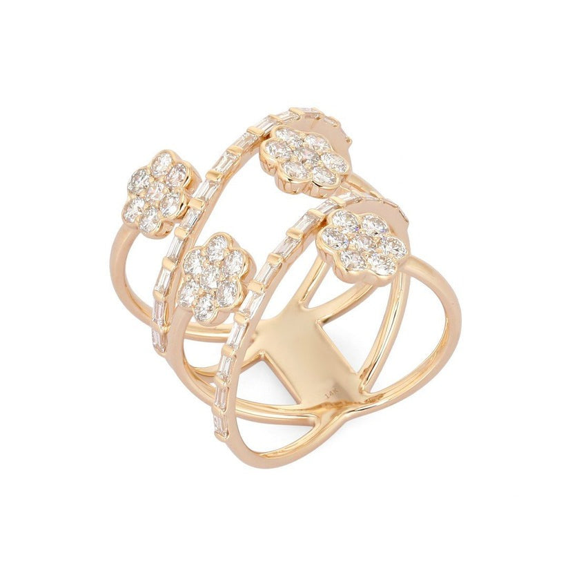 Floral Band Multi Row Diamond Flower Ring in 14K Yellow Gold
