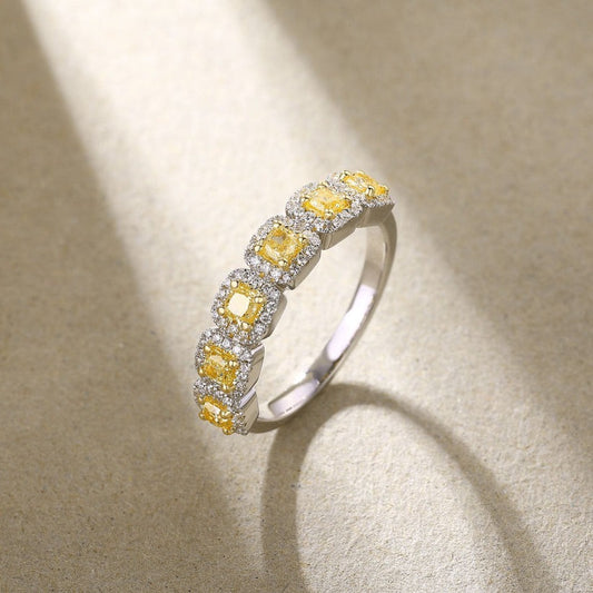 Yellow Cushion Cut Sapphires Halo Ring in 14K White Gold