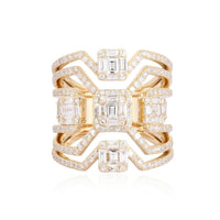 Art Deco Asscher Cut Diamond Wide Band Ring in 14K Yellow Gold