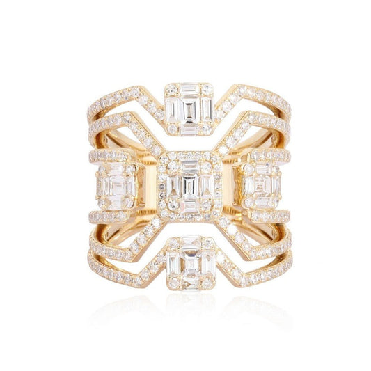 Art Deco Asscher Cut Diamond Wide Band Ring in 14K Yellow Gold