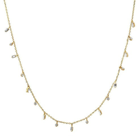 Baguette Round Diamond Dangling Necklace in 14K Yellow Gold