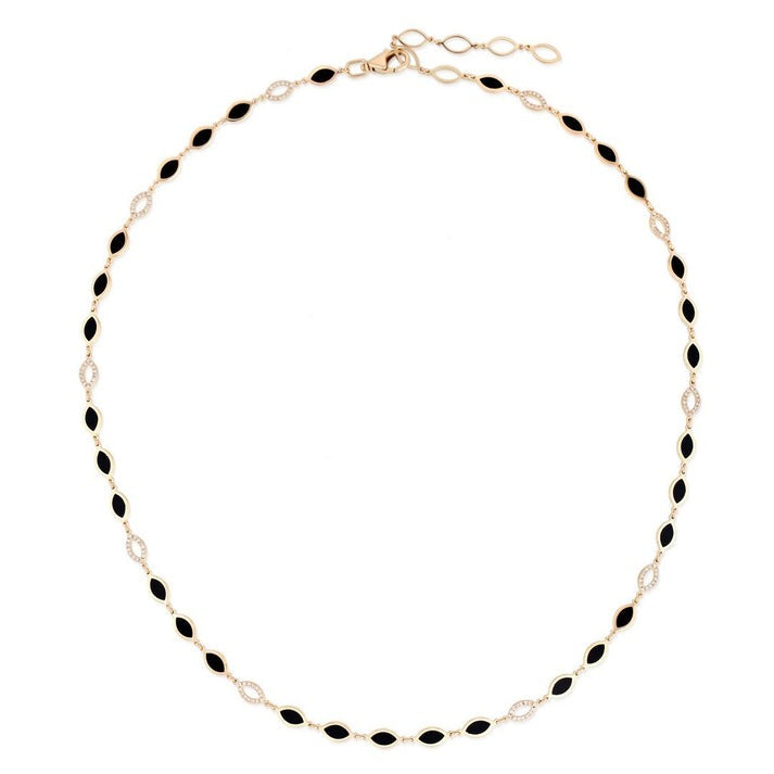 Black Enamel Diamond Station Necklace in 14K Yellow Gold