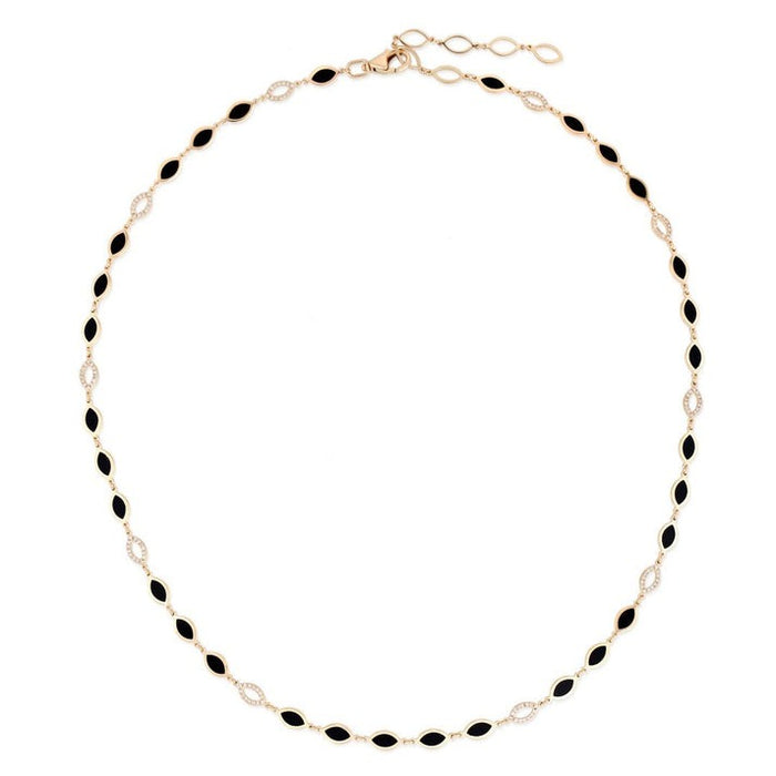 Black Enamel Diamond Station Necklace in 14K Yellow Gold