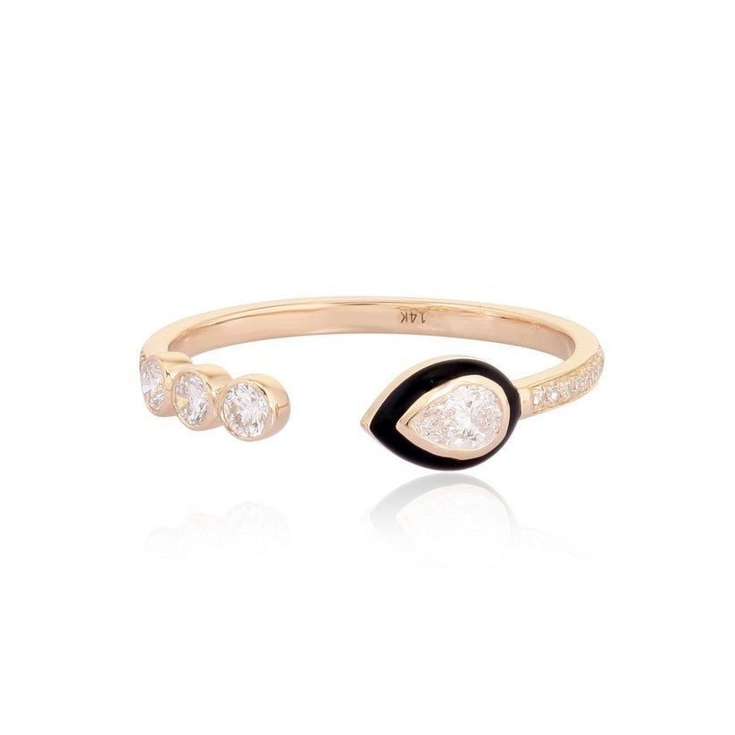 Teardrop Black Enamel White Diamond 14K Open Ring