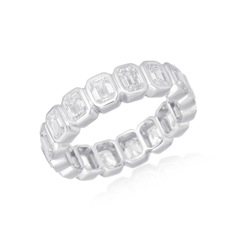 Bold Band Emerald Cut Diamond Bezel Style Ring in 18K White Gold