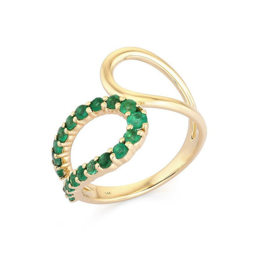 Open Emerald Pave Teardrop Swirl Ring in 14K Yellow Gold